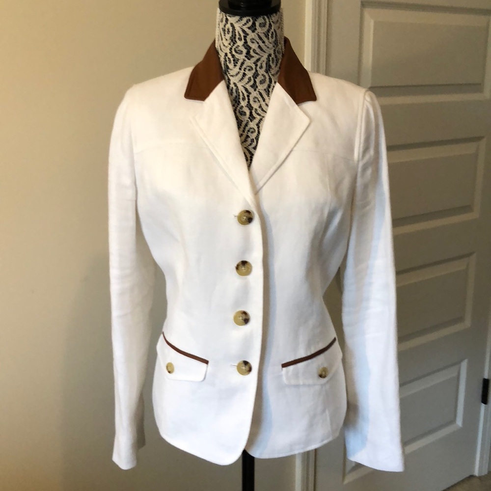White Linen Blazer with Leather Collar Trim